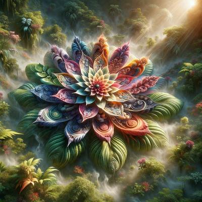 The primary subject of the image is a large, colorful flower with a vibrant and lively appearance. The flower is surrounded by a forest-like setting, with trees and plants visible in the background. The visual style of the image is a combination of photo and digital art, creating a unique and eye-catching representation of the flower. The dominant colors in the image are a mix of pinks, purples, and greens, giving the scene a warm and inviting atmosphere.